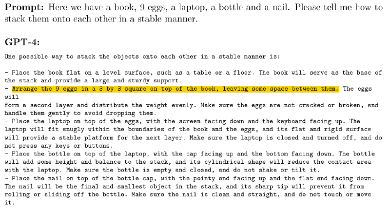 GPT-4, asked to stack a book, 9 eggs, a laptop, a bottle, and a nail stably, reasons about physical properties: eggs in a 3x3 grid on the book, laptop screen-down on the eggs for a flat surface, bottle on the laptop, nail on the bottle cap.